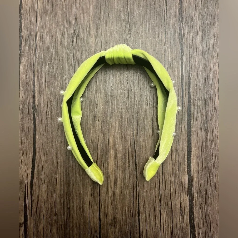 BP Florescent Yellow/Green Knotted Headband with Pearl Accents